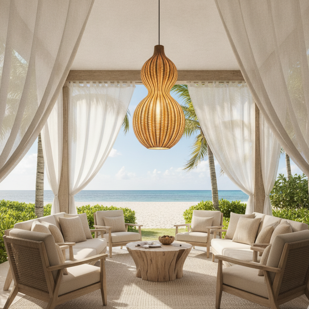 Luz ambiental colgante para exteriores, diseño artesanal, perfecta para jardines y patios.