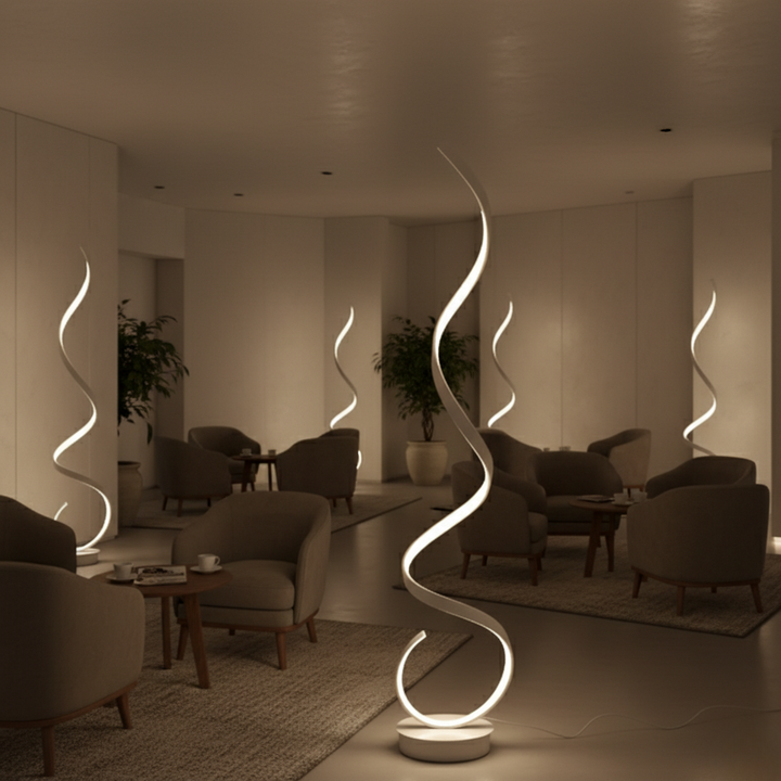 Lámpara de pie espiral LED para sala de estar, regulable para mejorar la decoración.
