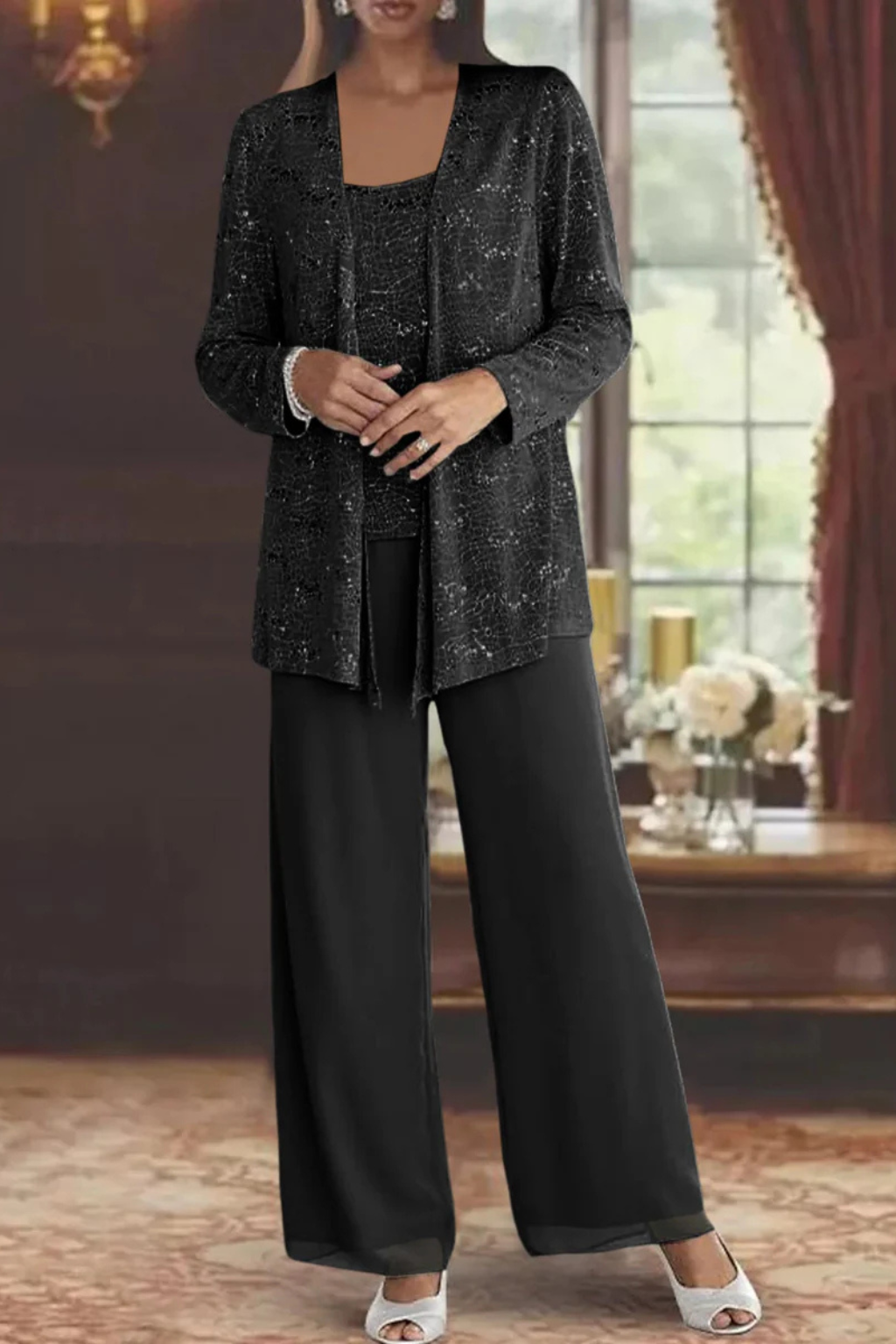 Traje de pantalón para madrina, conjunto de fiesta con chaqueta de encaje y pantalón ancho.