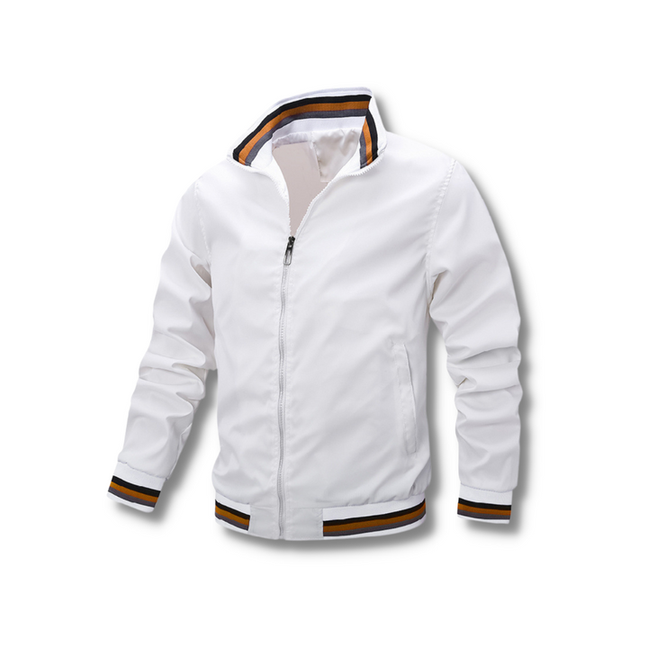 Chaqueta elegante de hombre con cremallera frontal y detalles en contraste, perfecta para invierno y ropa exterior.