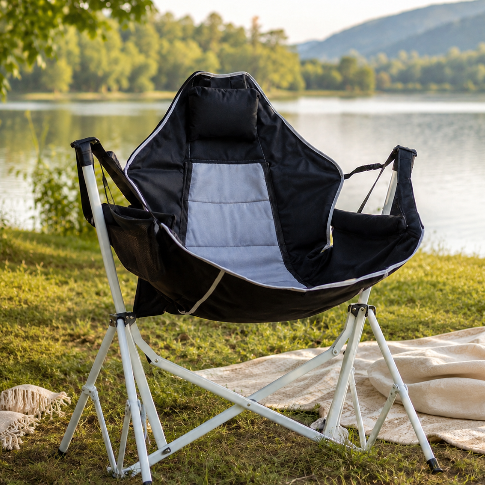 Silla de camping plegable moderna con descansabrazos. Perfecta para exterior, jardín o playa.