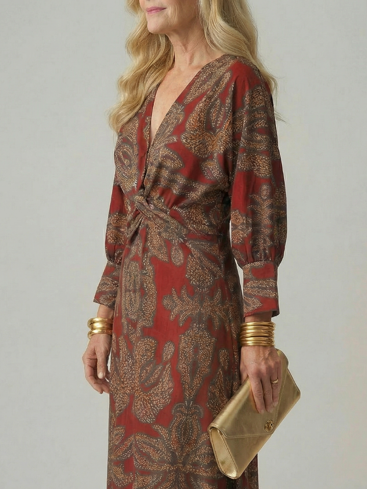 Vestido midi mujer de corte cruzado, ajuste favorecedor en la cintura para estilo elegante.