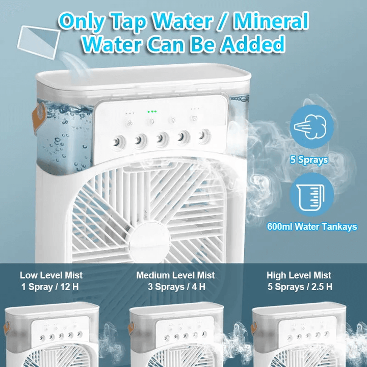 Enfriador de aire USB, ventilador personal con agua, ideal para crear un ambiente fresco y húmedo en verano.