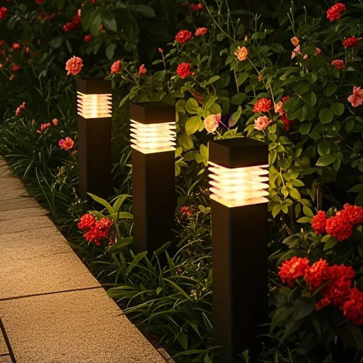 Iluminación LED solar para jardín. Instalación fácil, ahorra energía, resistente intemperie.