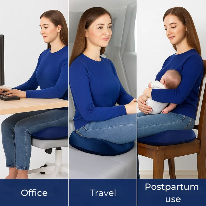 Cojín ergonómico azul para alivio del coxis, ideal para oficina, viajes y postparto. Soporte ortopédico.