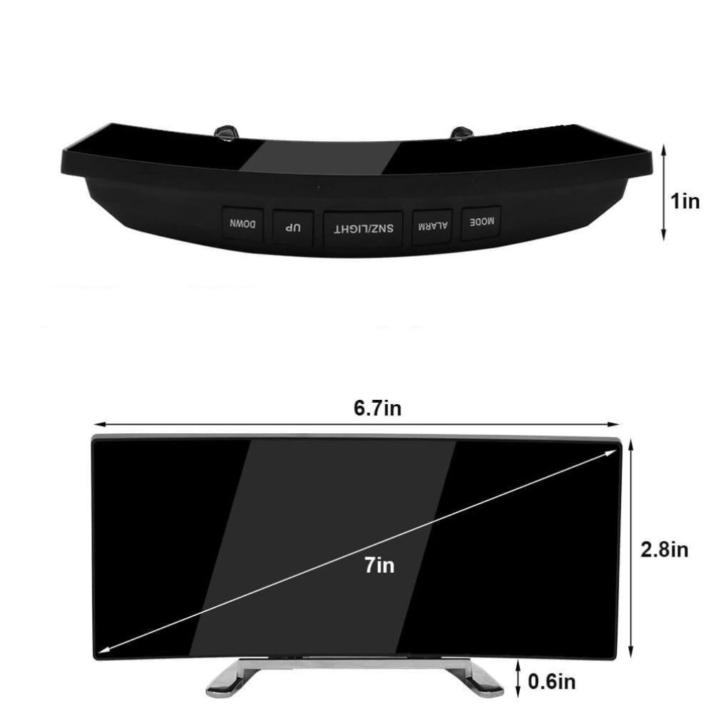 Reloj despertador digital LED curvado multifuncional, ideal para organizar tu día en casa o trabajo.