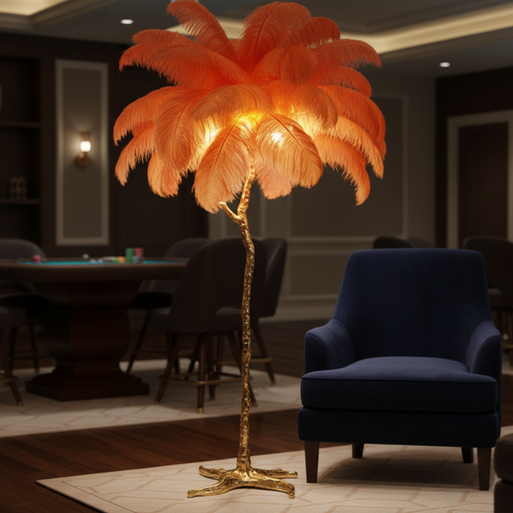 Decoración moderna: Lámpara de pie con pantalla de plumas, elegante y sofisticada para cualquier rincón.