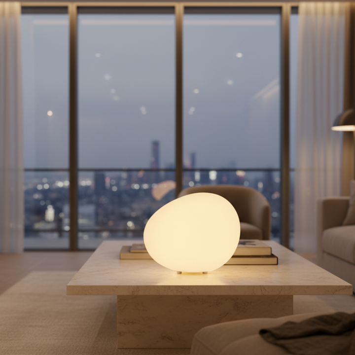 Lámpara de mesa LED 'Pebble' estilo escandinavo. Aporta luz ambiental a tu espacio moderno.