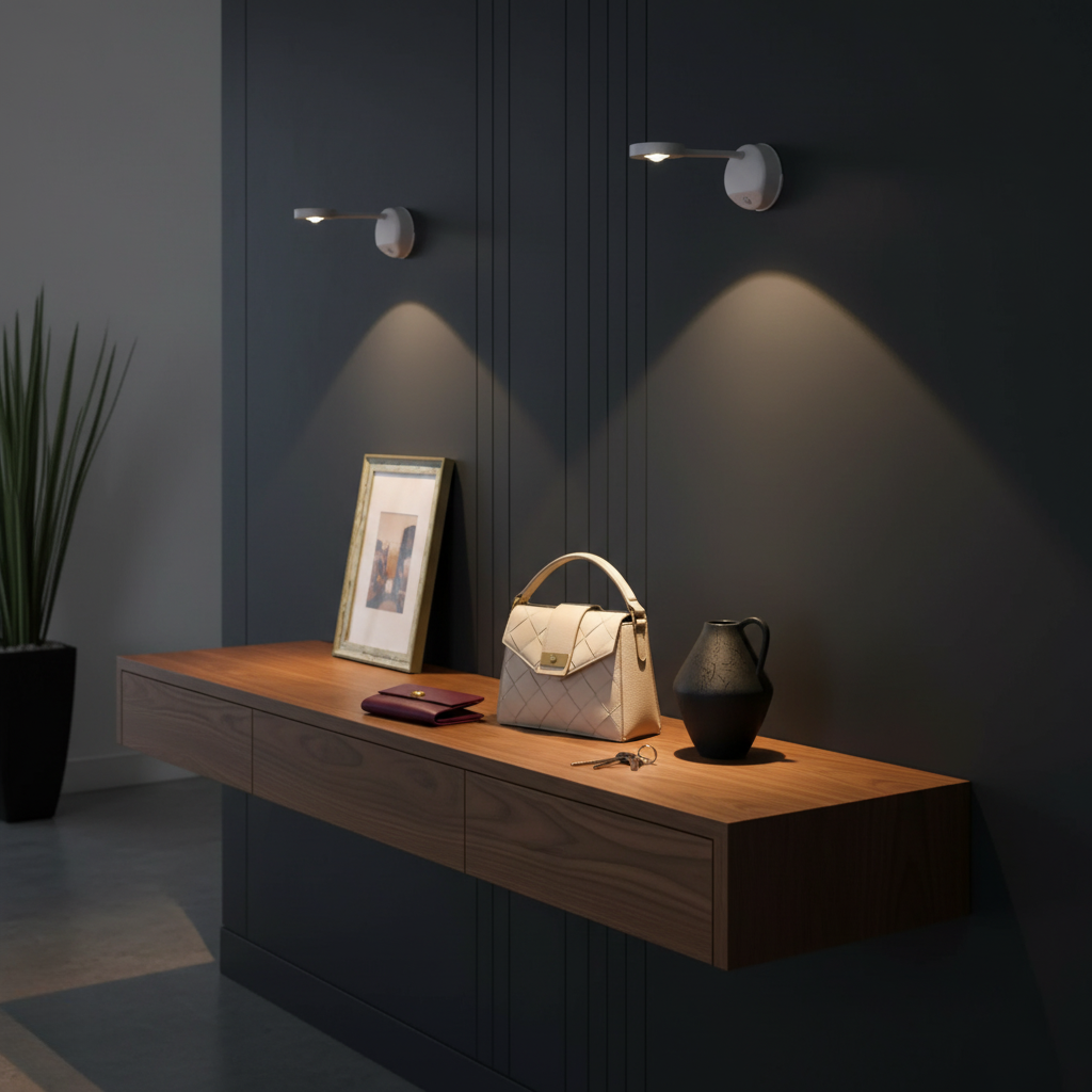 Foco de pared LED con luz regulable; inalámbrico, sensor de movimiento y diseño moderno para una iluminación adaptable.