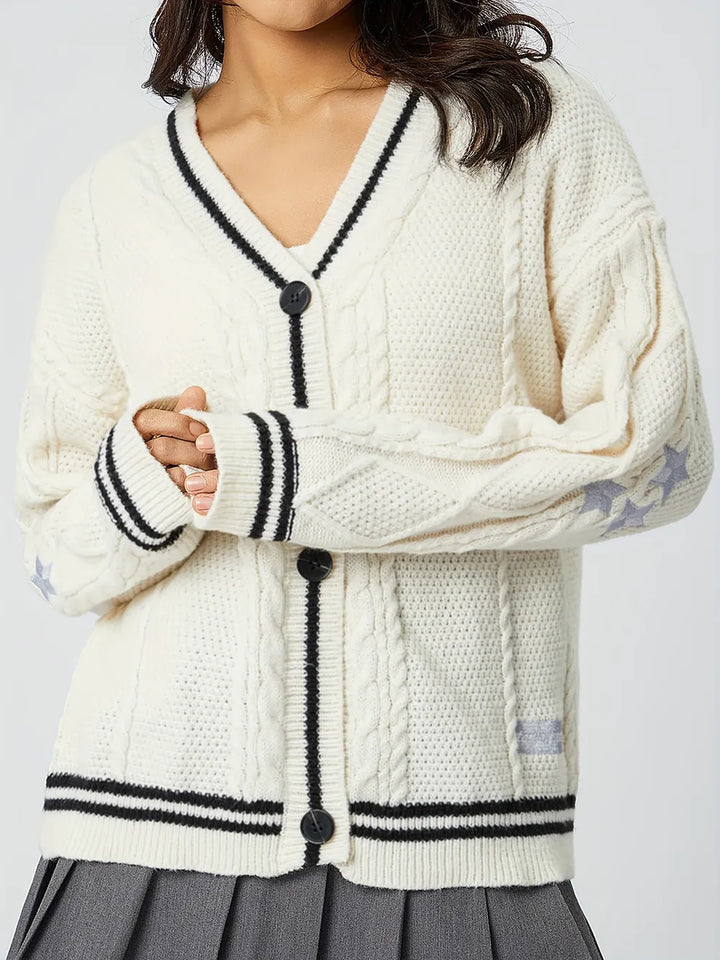 Cárdigan mujer suave con estrellas, chaqueta de punto elegante, cuello V y manga larga.