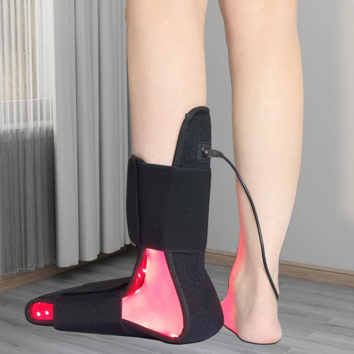 Cinturón de terapia para pies con luz roja e EMS para alivio del dolor y mejora de la circulación.