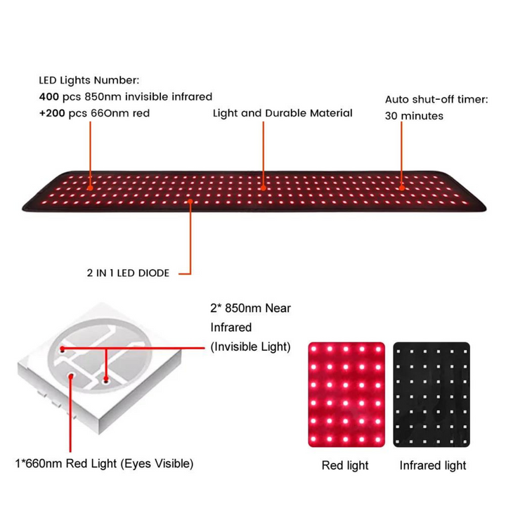 Detalle del cinturón de terapia con paneles de luz roja e EMS. Innovador alivio del dolor y circulación.