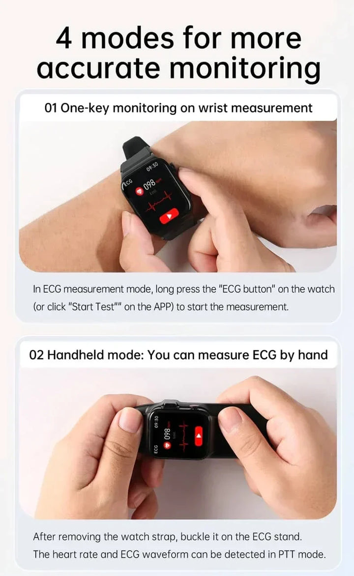 Reloj inteligente unisex listo para cargar, monitorizando ECG, glucosa y bienestar general.