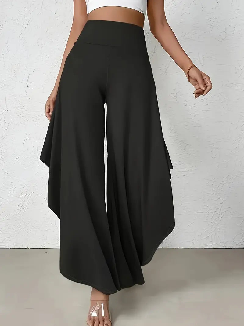 Pantalón elegante mujer con dobladillo asimétrico, ideal para oficina o evento formal.