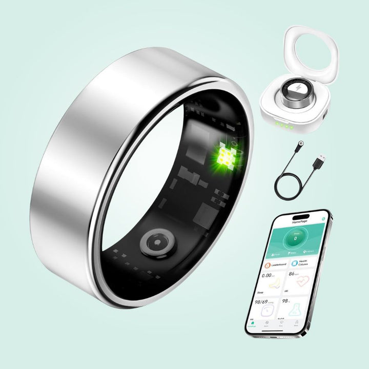 Anillo inteligente unisex para monitorear bienestar, sueño y estrés. Tecnología wearable discreta para tu salud.