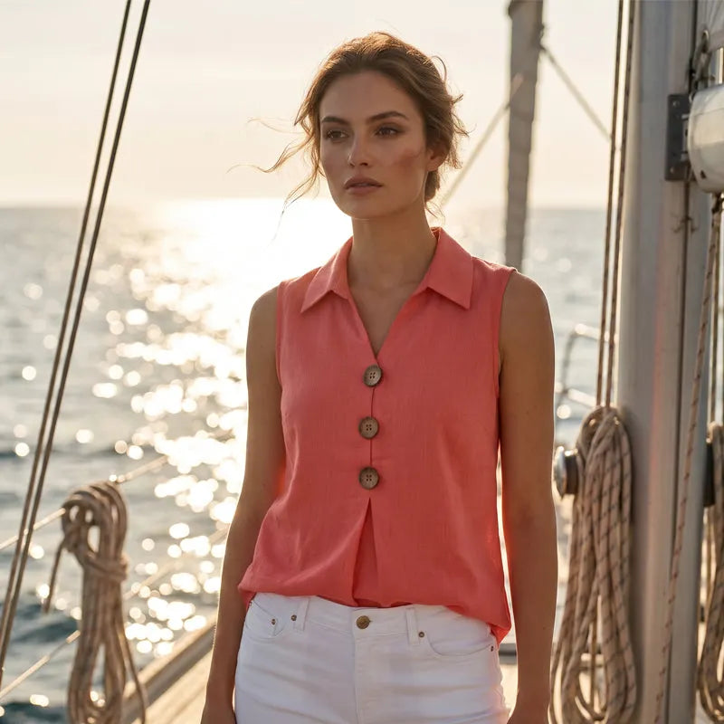 Blusa de mujer sin mangas con cuello solapa y botones, para un look fresco y elegante en verano.