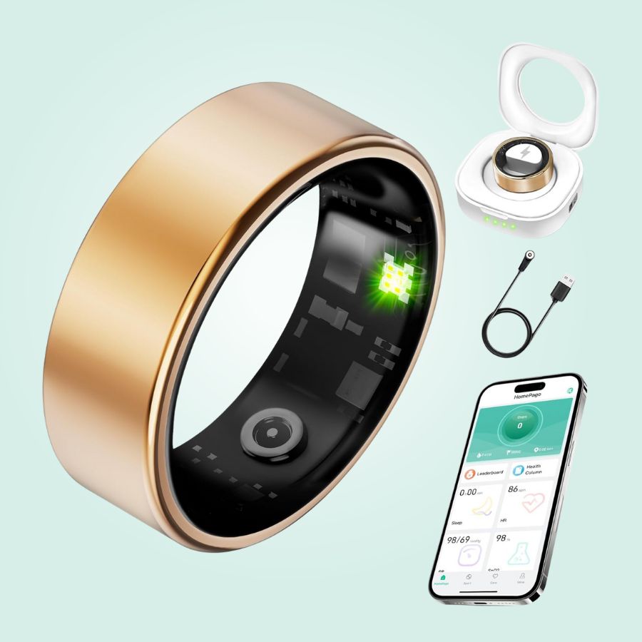 Primer plano de anillo inteligente unisex, rastreador de sueño y bienestar, seguimiento discreto de salud.