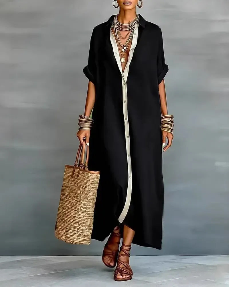 Vestido camisa fluido y casual para mujer, diseño con cuello notch, perfecto para looks de verano y comodidad.