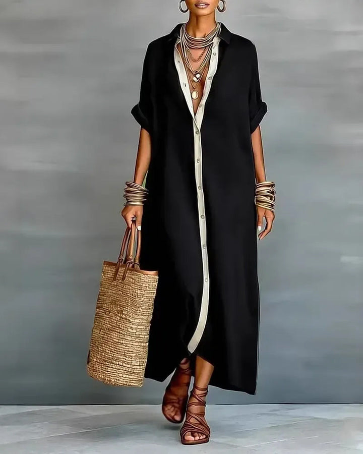 Vestido camisa fluido y casual para mujer, diseño con cuello notch, perfecto para looks de verano y comodidad.