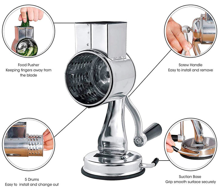 Rallador triturador manual para queso, zanahorias y pepinos, ideal para una cocina eficiente.
