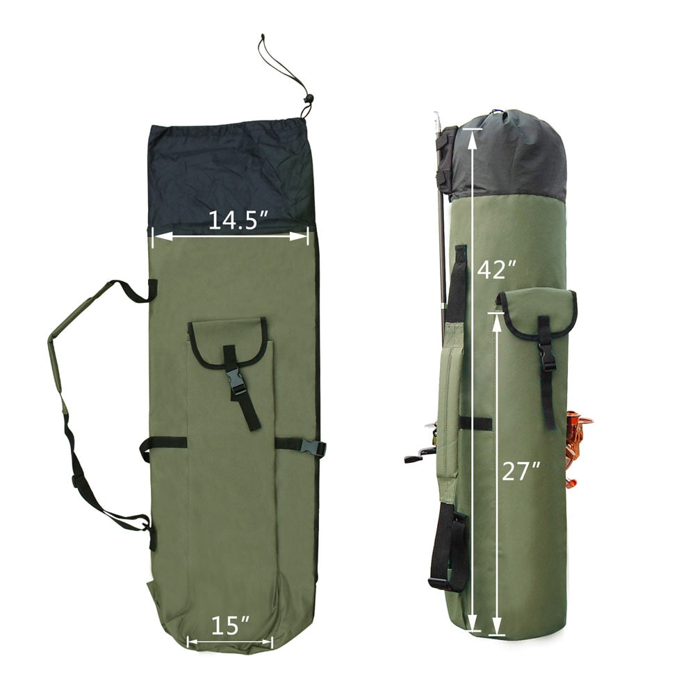 Bolsa de pesca resistente para cañas de pescar y equipo, ideal para transportar aparejos de forma segura.