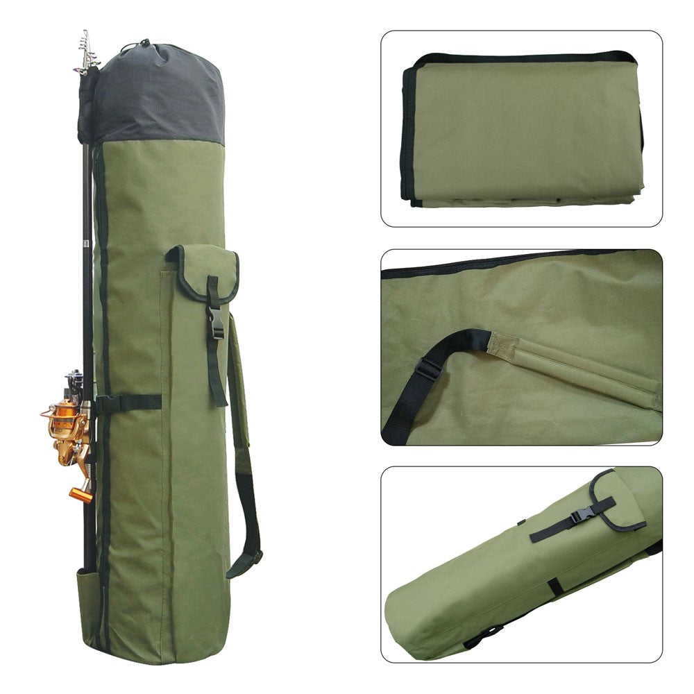 Bolsa multipropósito para cañas de pescar y aparejos, ofrece amplio almacenamiento portátil para la pesca.