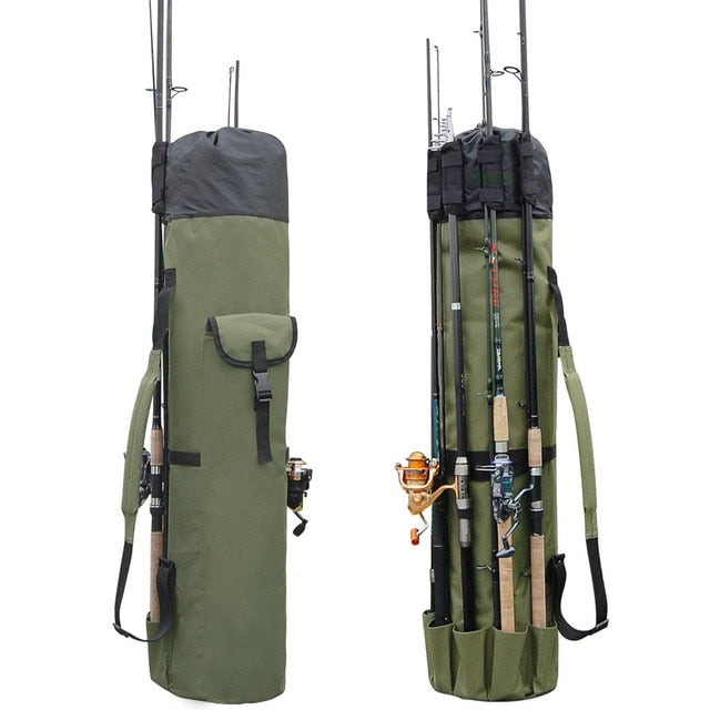 Bolsa de pesca portátil para transportar cañas y aparejos, ideal para equipo de pesca outdoor.