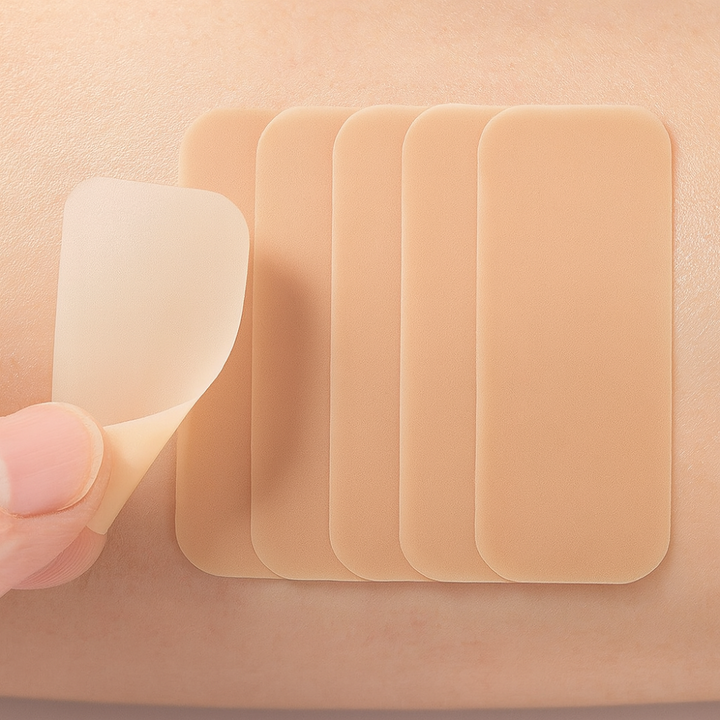 Cobertura de cicatrices e imperfecciones con parche dérmico autoadhesivo impermeable para un look natural.