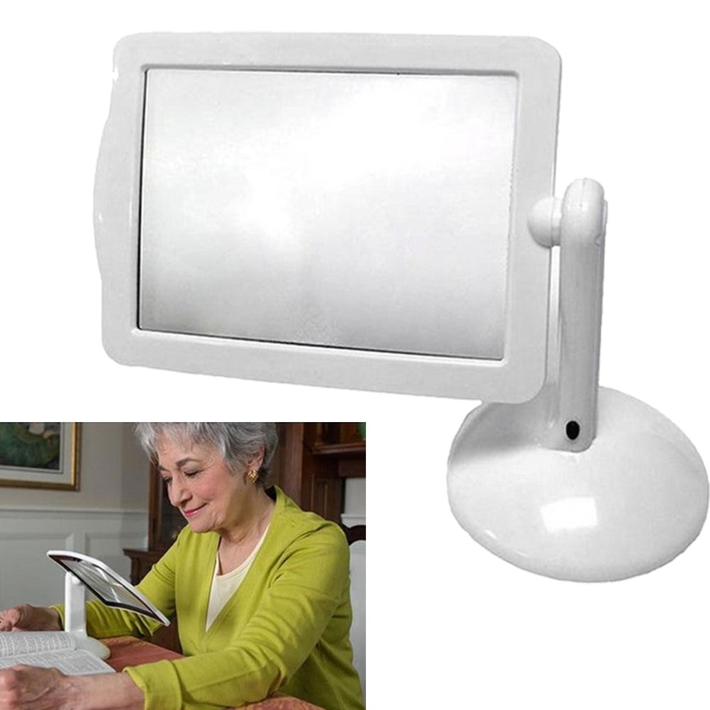 Lupa de página LED manos libres con soporte giratorio 180°, ideal para lectura cómoda y protección ocular.