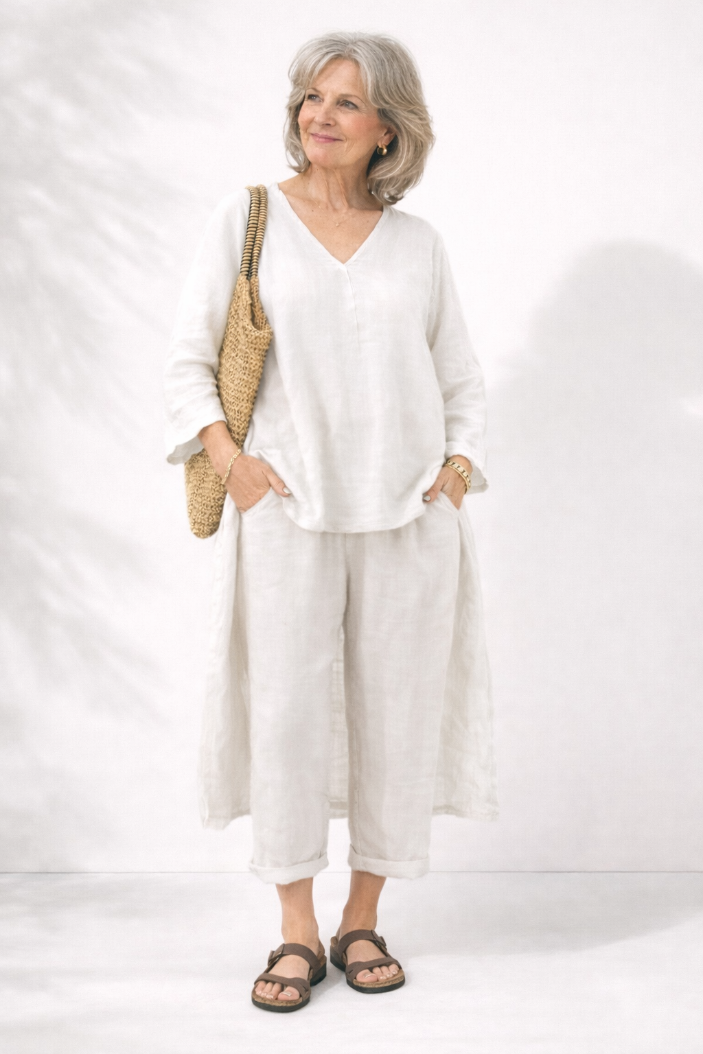 Conjunto de verano dos piezas con escote en V para mujer, diseño moderno, fluido y transpirable.