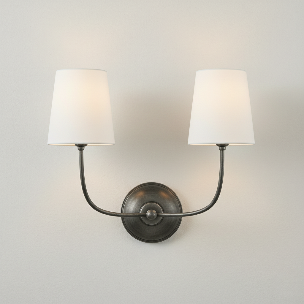 Aplique de pared doble con brazos curvos. Proporciona luz cálida ambiental, ideal para decoración moderna.