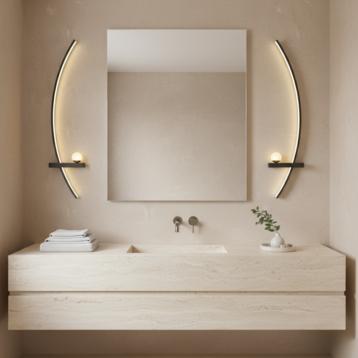 Aplique LED de pared para dormitorio, luz cálida, eficiencia energética y estilo moderno.