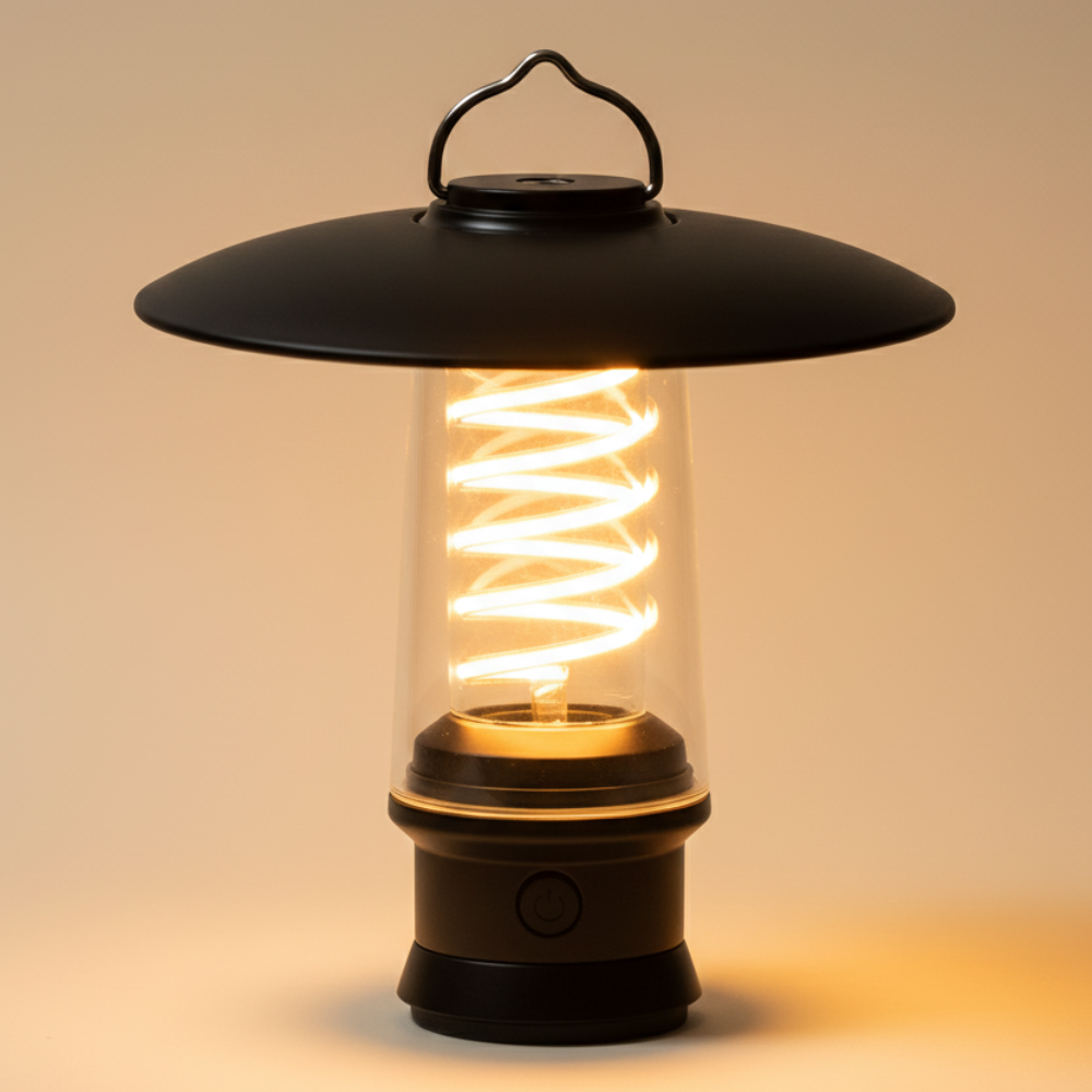 Linterna LED recargable para exteriores con luz cálida, ideal para campamento y glamping.