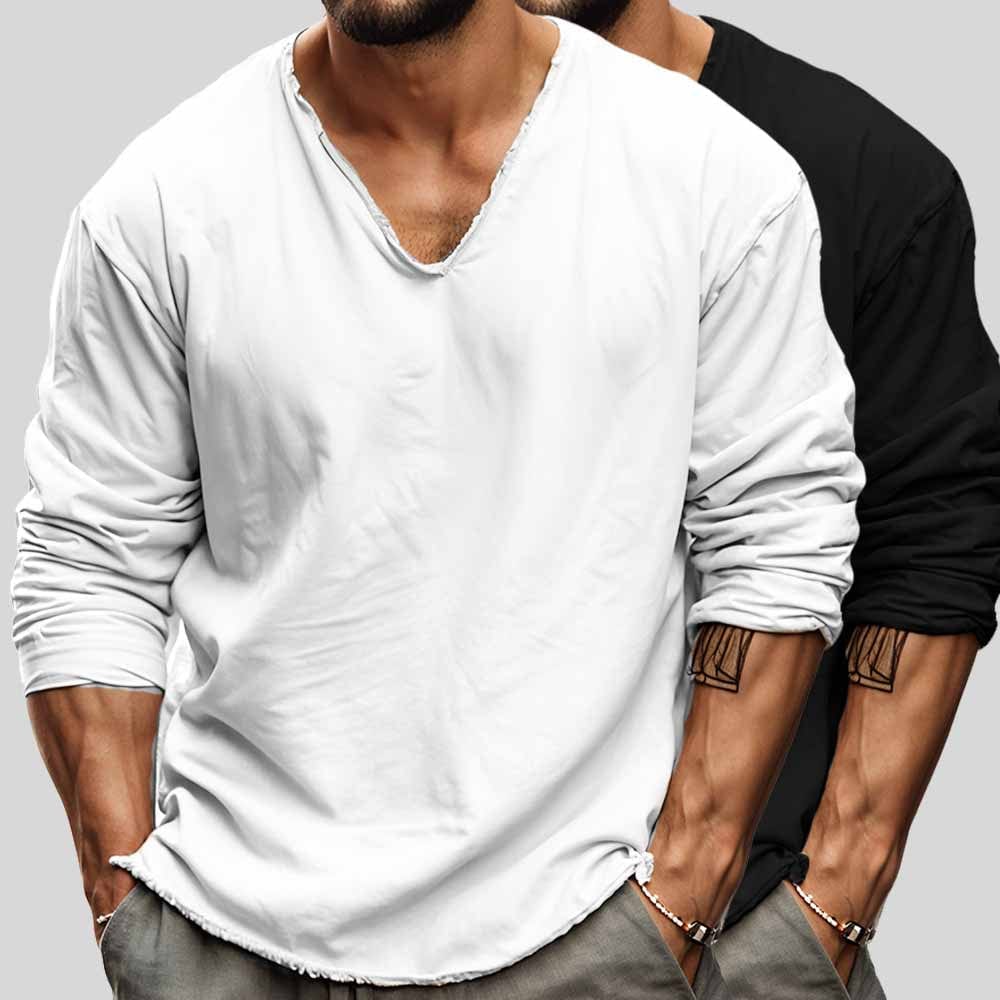 Camisa masculina de manga larga y cuello V, cómoda para hombre. Estilo casual y relajado, versátil para el verano.
