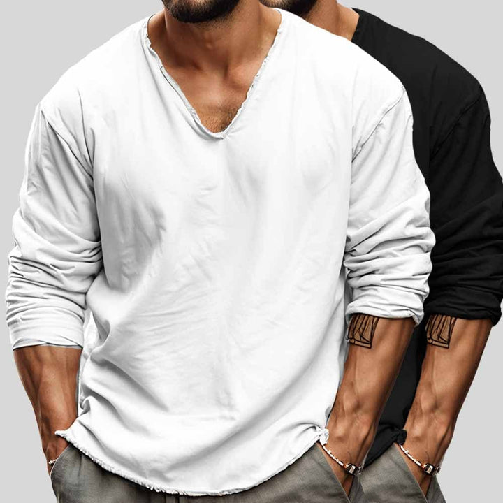 Camisa masculina de manga larga y cuello V, cómoda para hombre. Estilo casual y relajado, versátil para el verano.