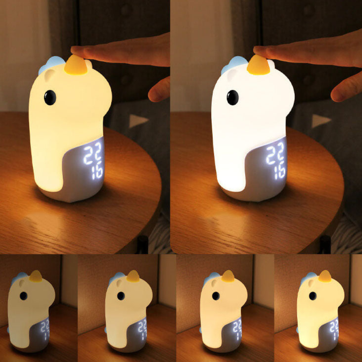 Unicornio mágico con luz suave LED. Despertador para niños en su habitación infantil.