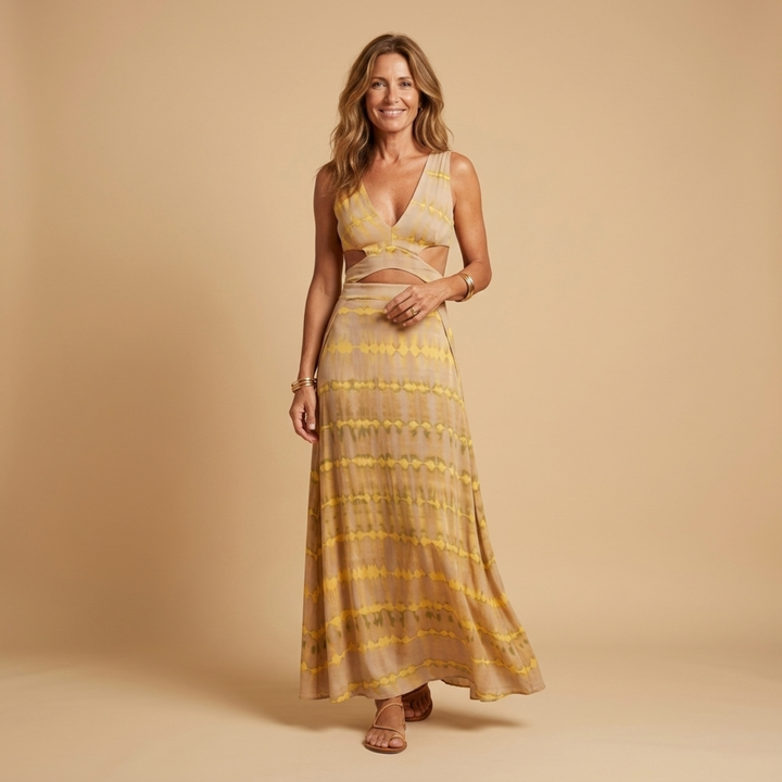 Vestido largo fluido tie-dye boho para mujer, ideal para verano, playa o estilo casual.