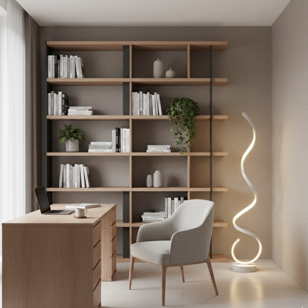 Iluminación funcional y moderna: lámpara de pie LED espiral regulable para espacios amplios.