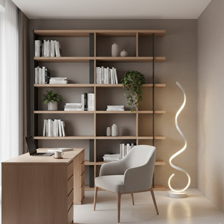 Iluminación funcional y moderna: lámpara de pie LED espiral regulable para espacios amplios.