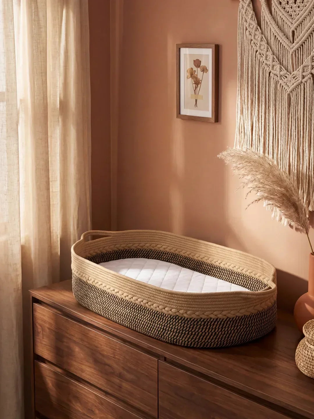 Organizador bebé de algodón tejido, cambiador ovalado gris perle/ecru, decoración nursery.