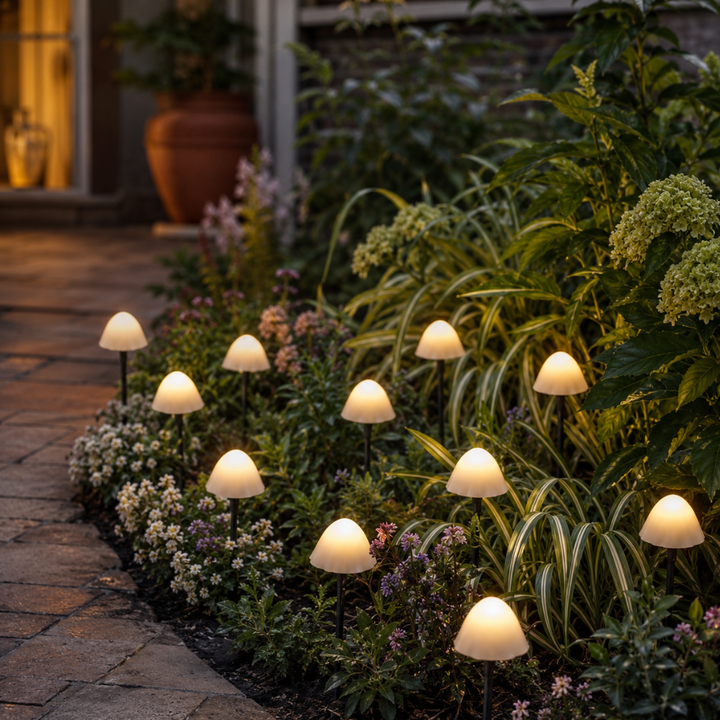 Iluminación de jardín con luces LED de hongo, energía solar y eco-friendly.