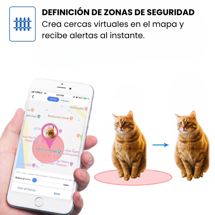 Detalle del collar GPS para mascotas. Diseño robusto e impermeable para animales activos.