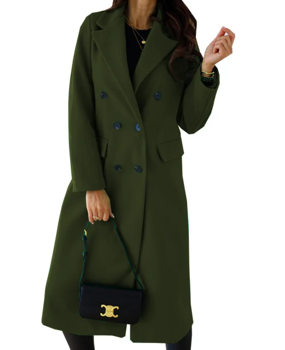 Trench coat femenino, doble botonadura, largo, ajuste perfecto para la figura.