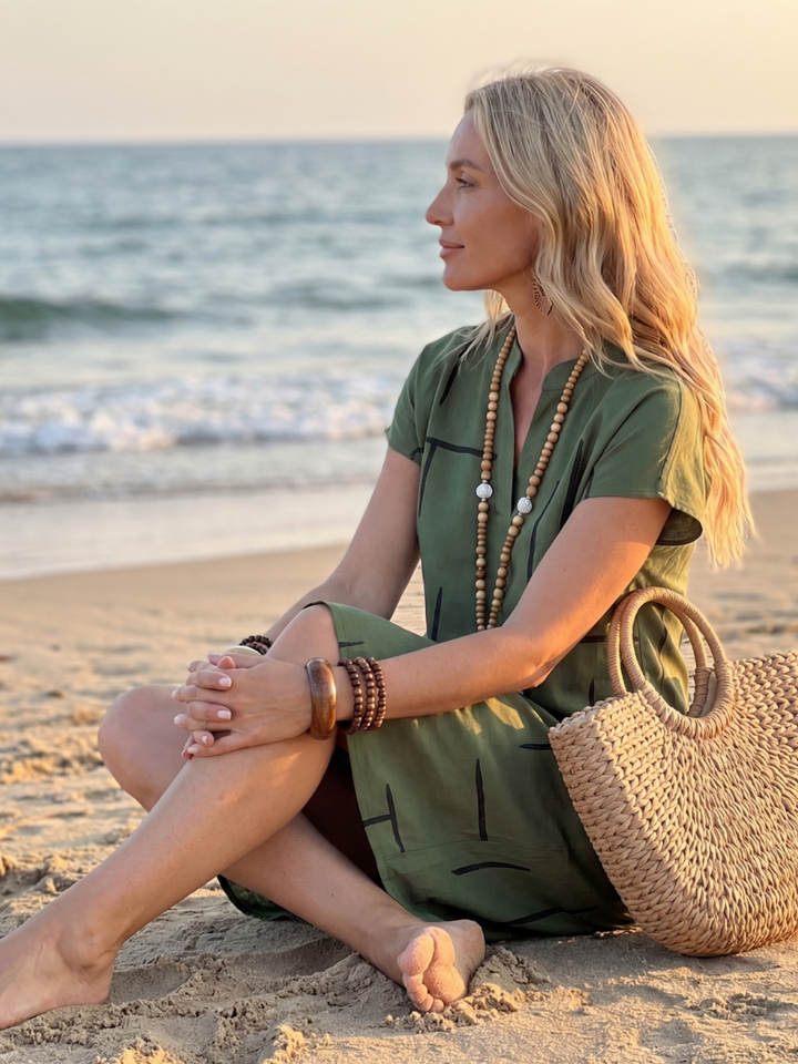 Vestido midi mujer casual de algodón lino, estampado geométrico, escote V. Cómodo para verano y playa.