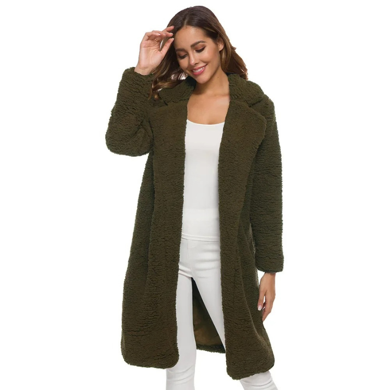 Abrigo de poliéster teddy, color beige, largo, para mujer, un básico de invierno suave.
