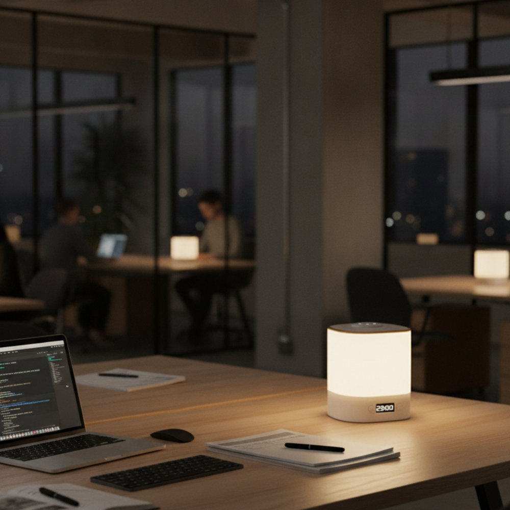 Lámpara de mesa LED con control remoto. Luz regulable para crear ambiente en dormitorio o escritorio moderno.