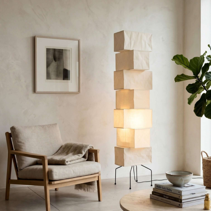 Luminaria de pie japonesa contemporánea, ideal para crear un ambiente relajante.