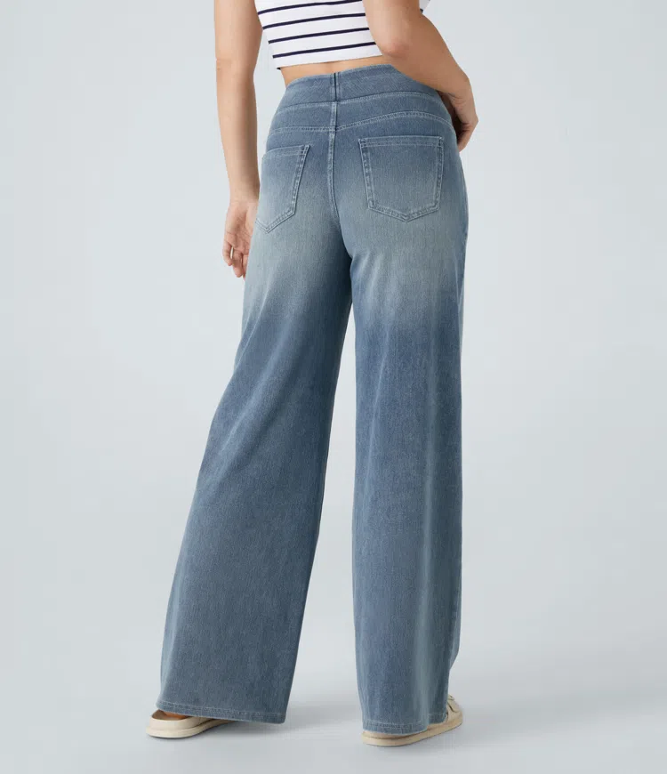 Jean de mujer moderno con pierna ancha y talle alto elástico. Confort y estilo para moda femenina.