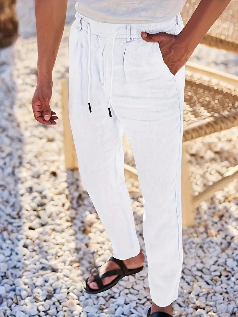 Pantalones de lino para hombre, perfectos para vacaciones, largos, frescos y con cordón.