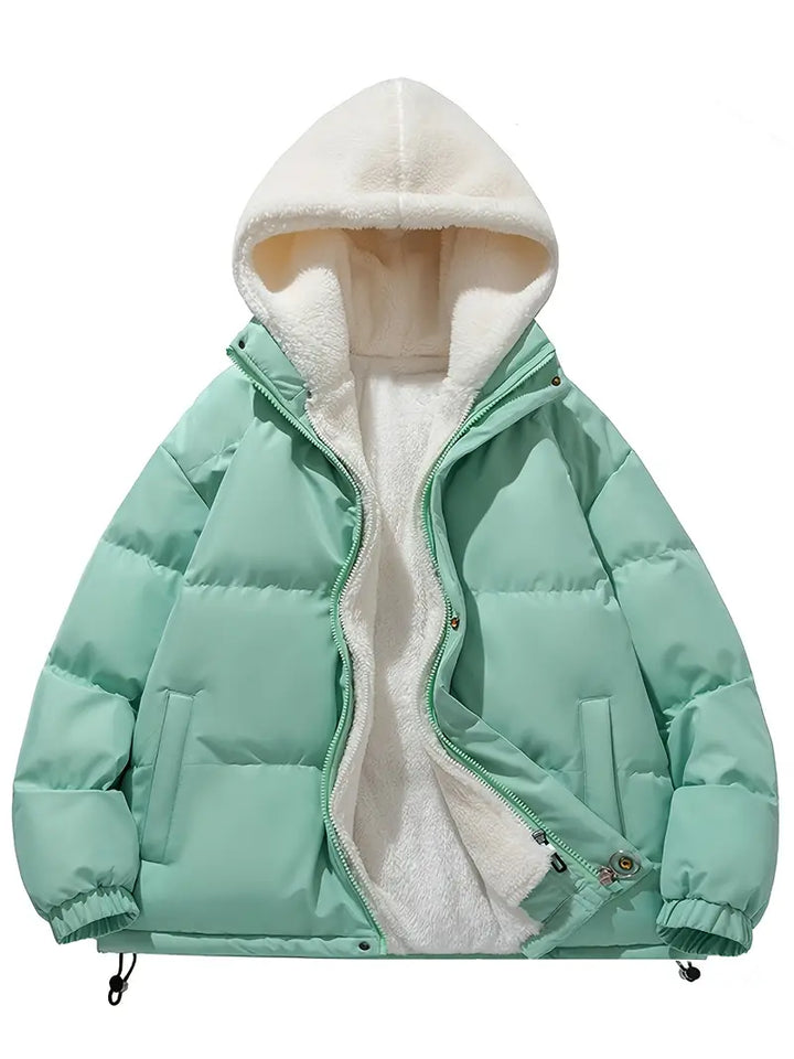 Abrigo de invierno de mujer con capucha en conjunto casual. Chaqueta cálida y tendencia en moda femenina para el frío.